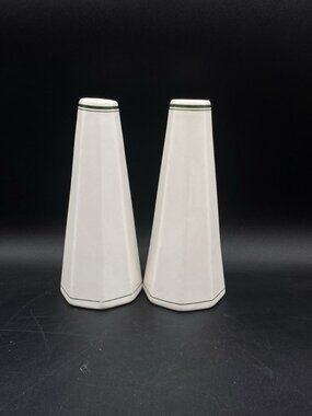 2 Old Medallion Sterling China Green Band Octagonal Railroad Restaurant Bud Vase